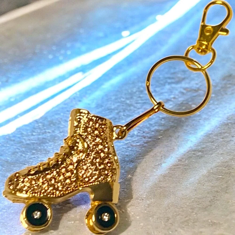 Roller Skate Golden Articulating Rhinestone Encrusted Keychain, Toggle Clasp